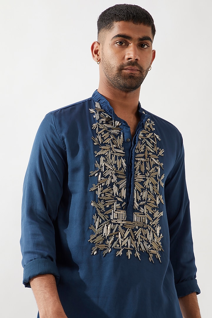 Blue Tencel Satin Cutdana Hand Embroidered Kurta Set by Son Of A Noble SNOB Men at Pernia's Pop Up Shop