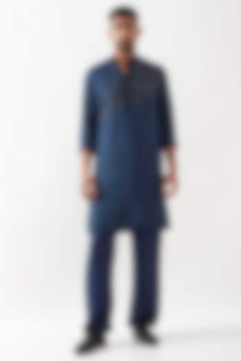 Blue Tencel Satin Cutdana Hand Embroidered Kurta Set by Son Of A Noble SNOB Men at Pernia's Pop Up Shop