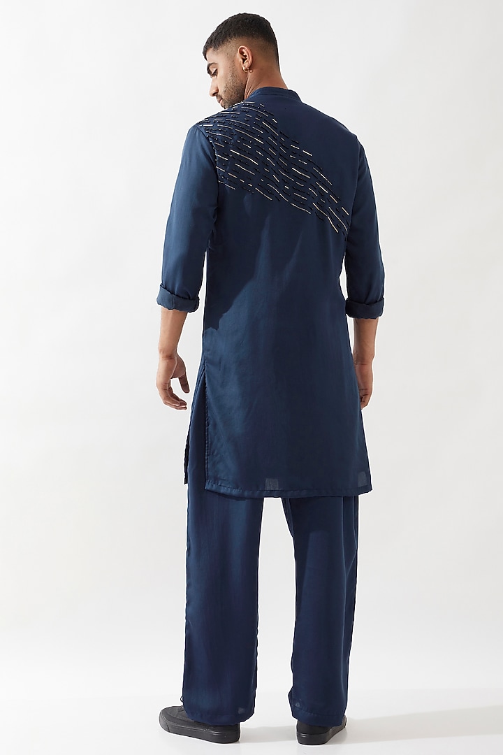 Blue Tencel Satin Cutdana Hand Embroidered Kurta Set by Son Of A Noble SNOB Men at Pernia's Pop Up Shop