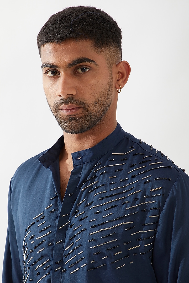 Blue Tencel Satin Cutdana Hand Embroidered Kurta Set by Son Of A Noble SNOB Men at Pernia's Pop Up Shop