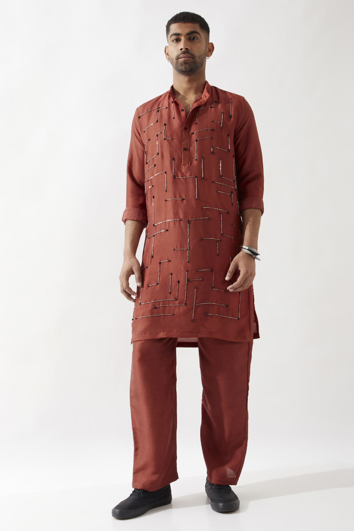 Maroon Dupion Silk Cutdana Work Kurta Set by Son Of A Noble SNOB Men