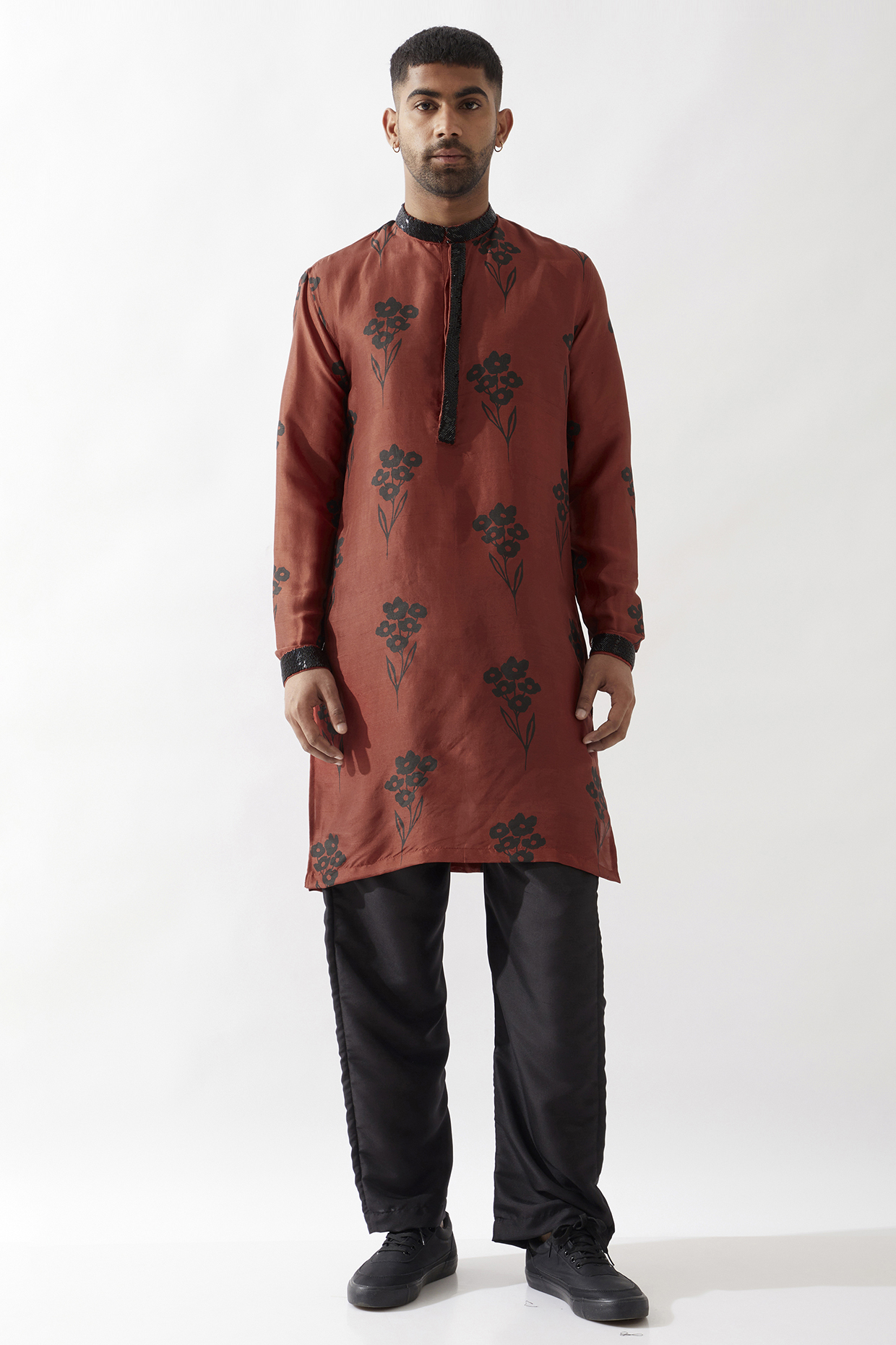 Maroon Dupion Silk Printed & Hand Embroidered Kurta Set by Son Of A Noble SNOB Men