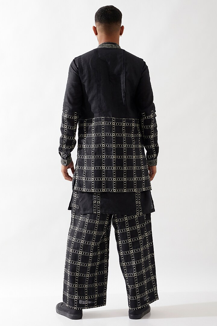 Black Linen Printed Bundi Jacket Set by Son Of A Noble SNOB Men at Pernia's Pop Up Shop