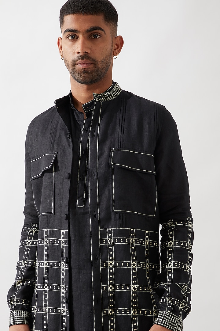 Black Linen Printed Bundi Jacket Set by Son Of A Noble SNOB Men at Pernia's Pop Up Shop