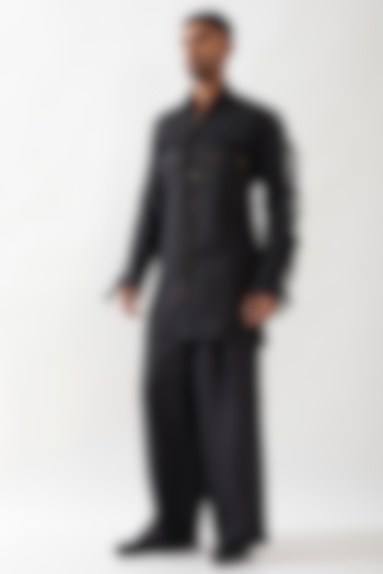 Black Linen Tasseled Kurta Set by Son Of A Noble SNOB Men at Pernia's Pop Up Shop