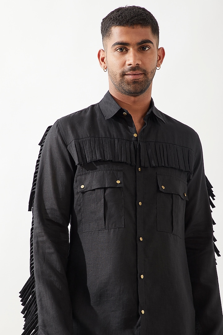 Black Linen Tasseled Kurta Set by Son Of A Noble SNOB Men at Pernia's Pop Up Shop