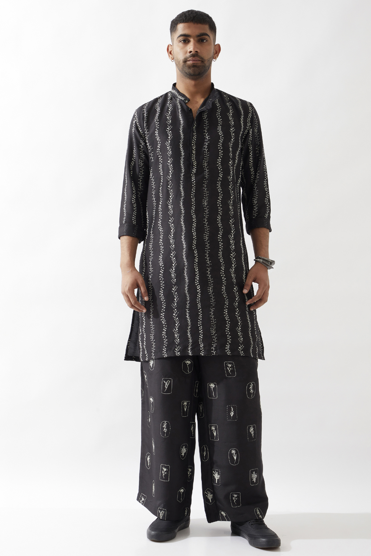 Black Dupion Silk Printed Kurta Set by Son Of A Noble SNOB Men