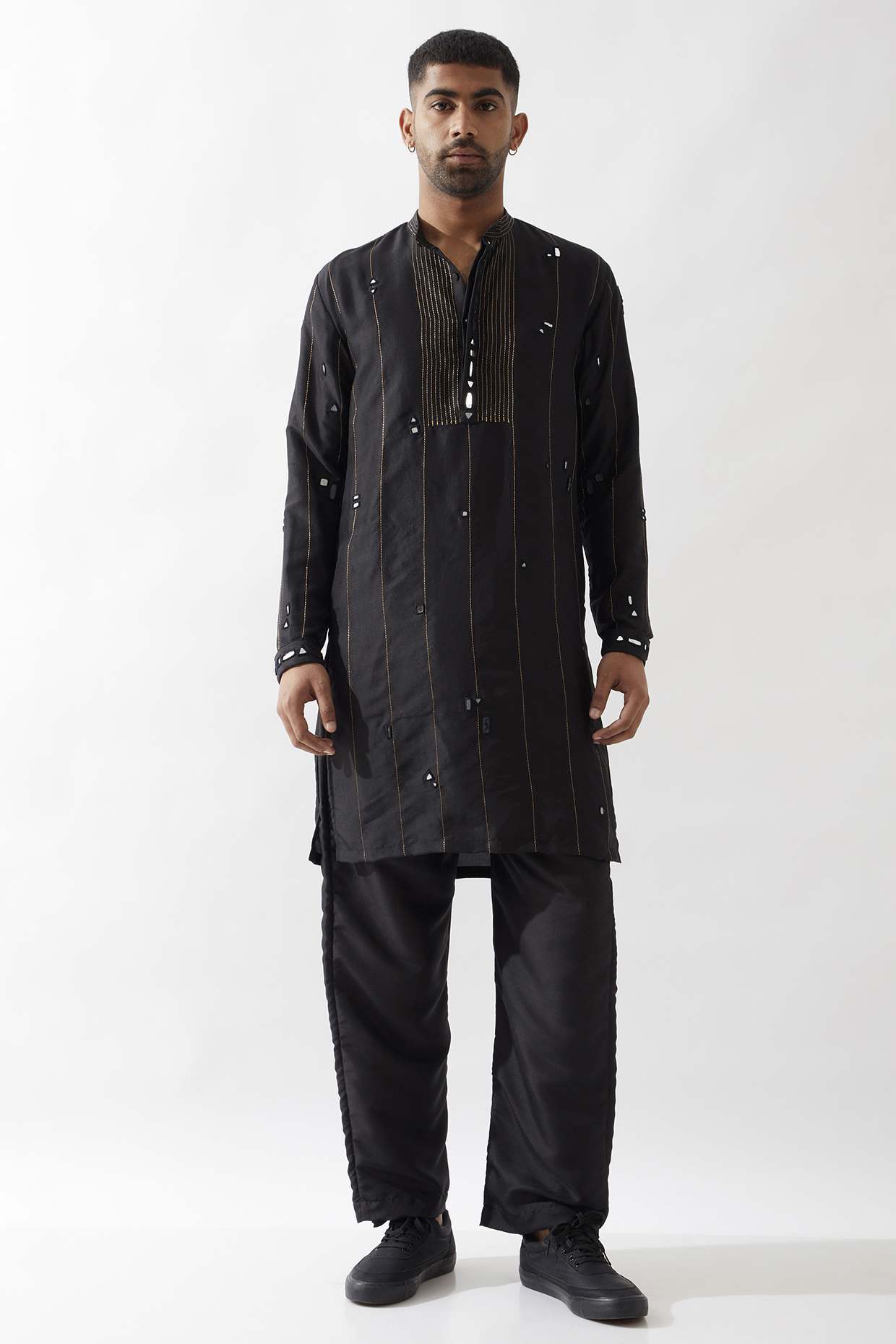 Black Dupion Silk Hand Embroidered Kurta Set by Son Of A Noble SNOB Men