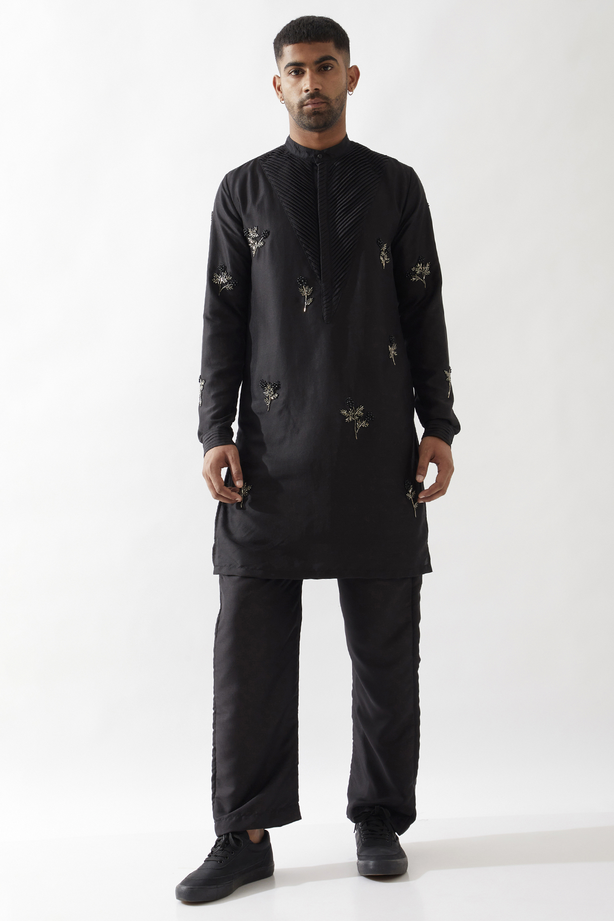 Black Dupion Silk Hand Embroidered Kurta Set by Son Of A Noble SNOB Men
