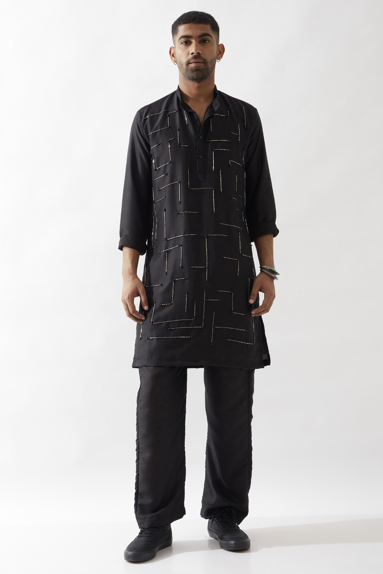 Black Dupion Silk Hand Embroidered Kurta Set by Son Of A Noble SNOB Men