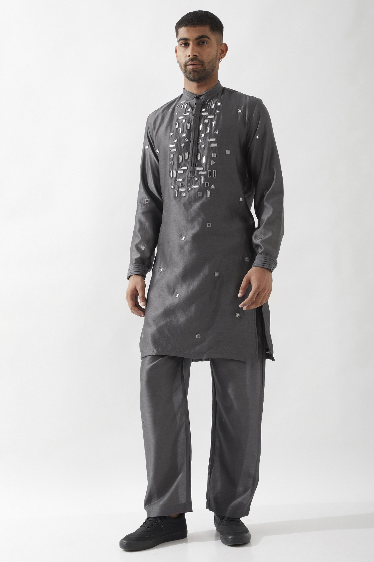 Black Chanderi Silk Mirror Work Kurta Set by Son Of A Noble SNOB Men