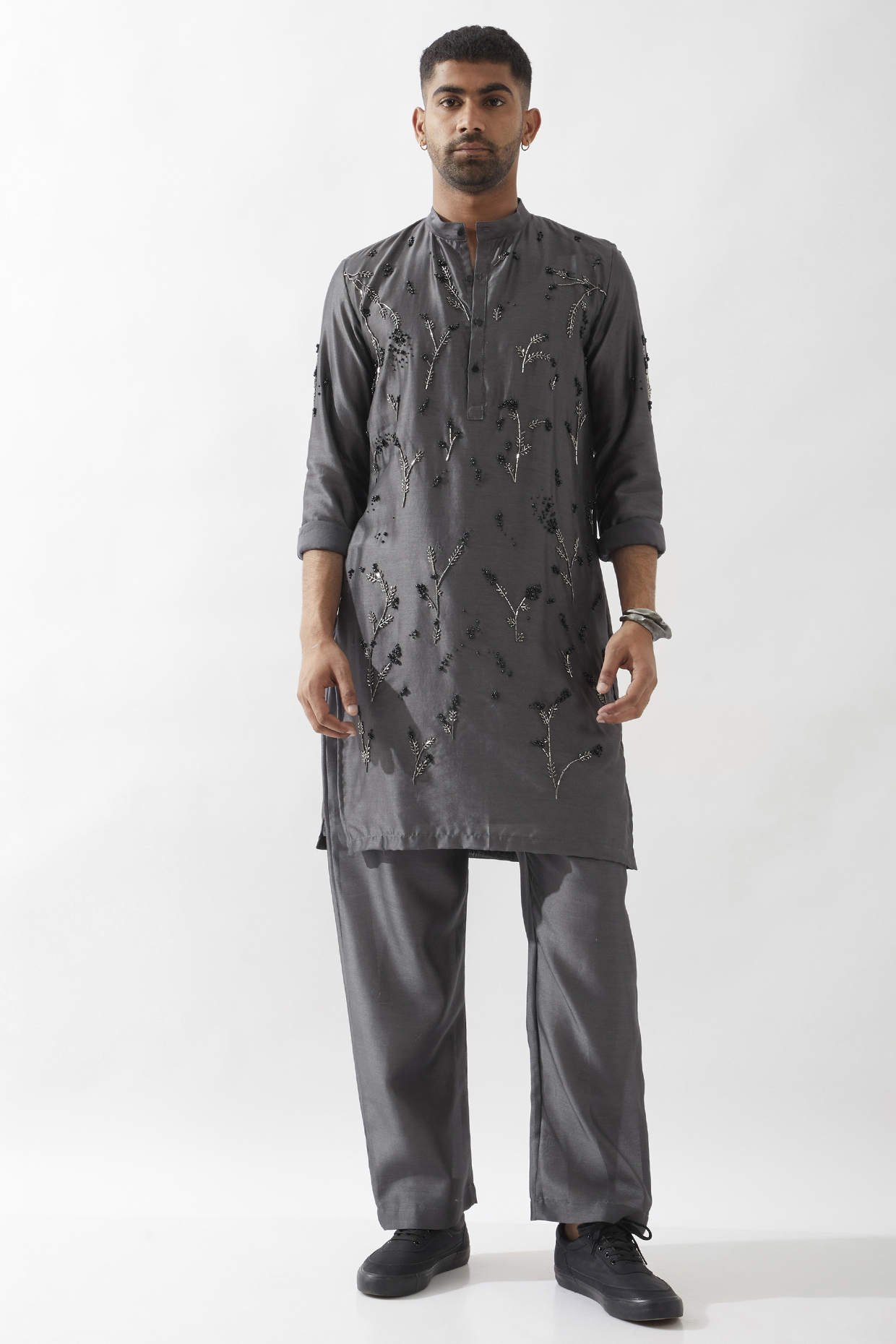Grey Chanderi Silk Hand Embroidered Kurta Set by Son Of A Noble SNOB Men