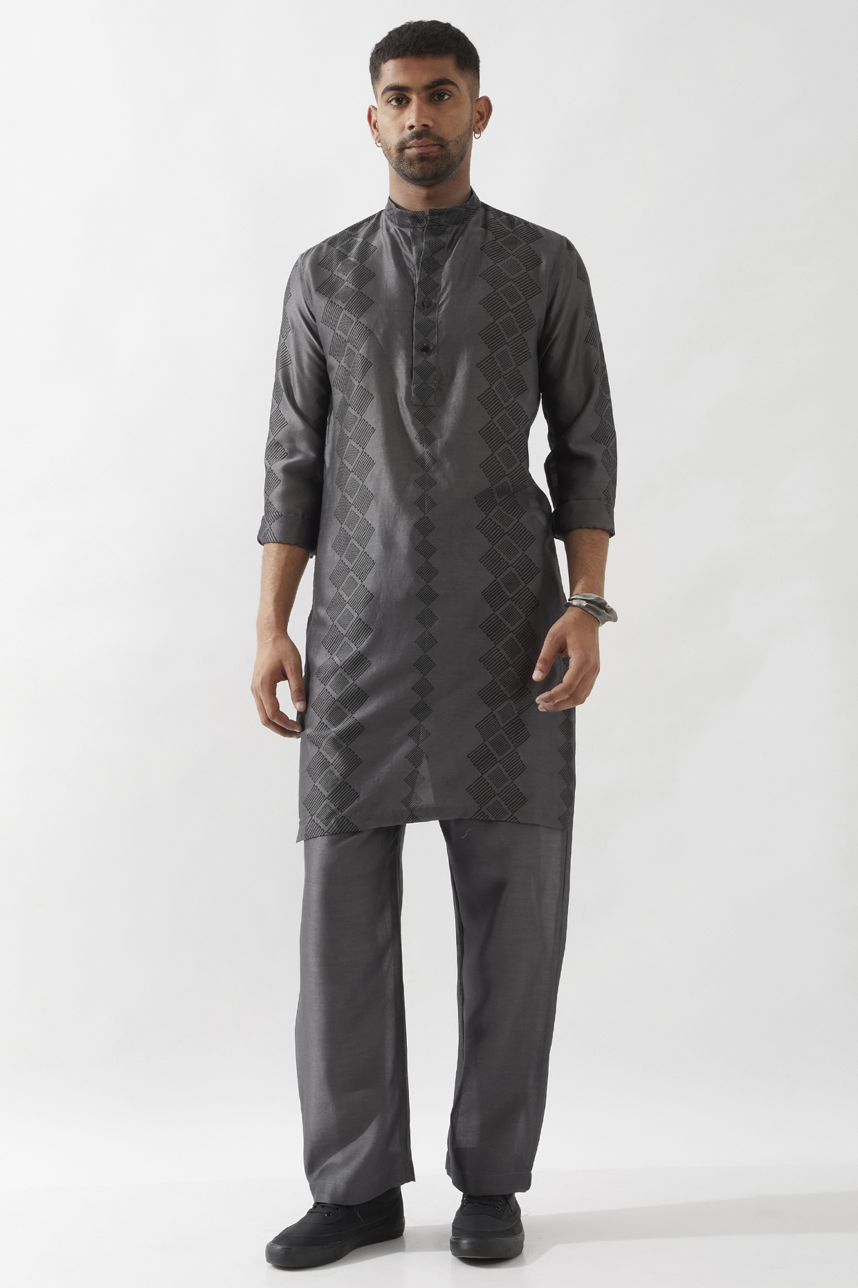 Grey Chanderi Silk Printed Kurta Set by Son Of A Noble SNOB Men