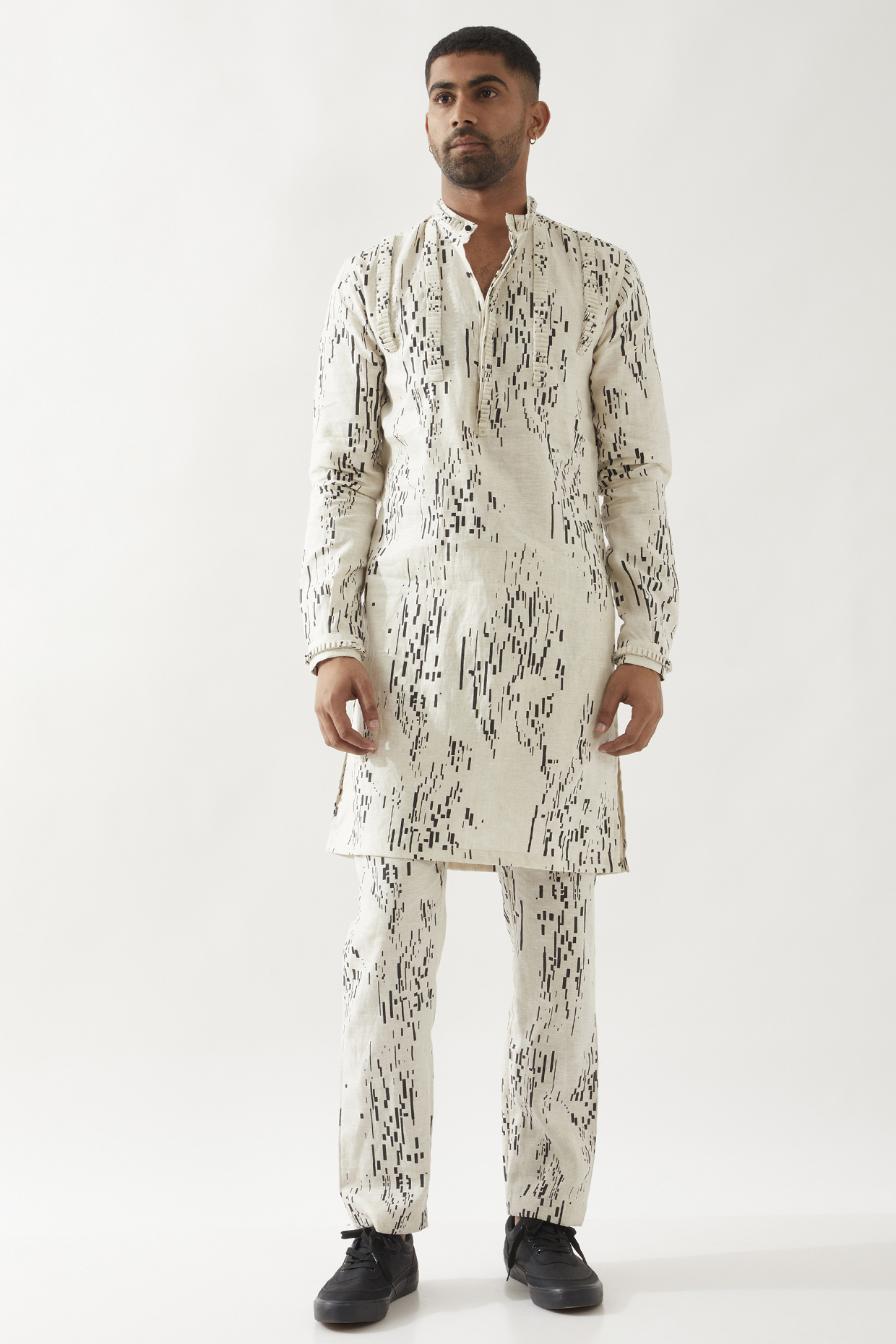 Ivory Linen Printed Kurta Set by Son Of A Noble SNOB Men