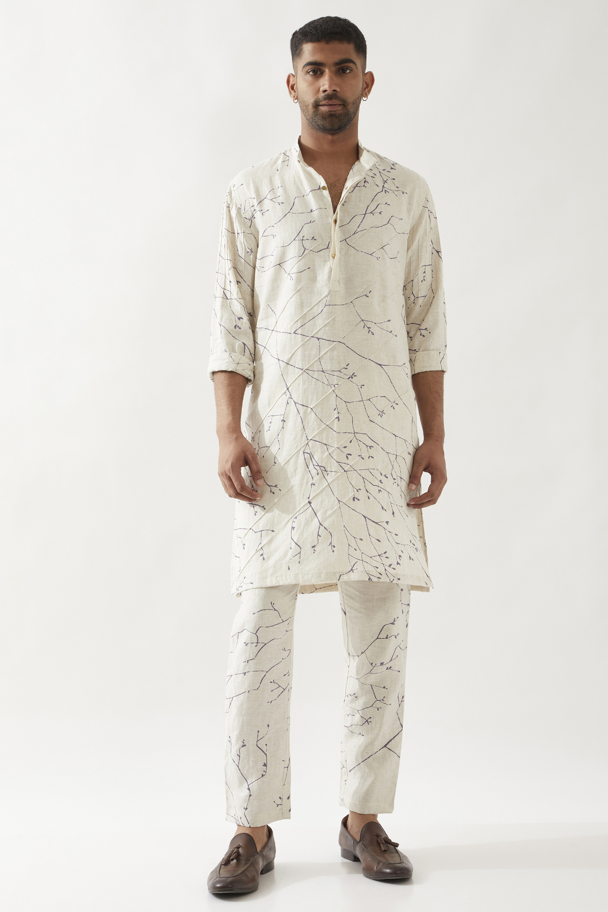 Ivory Linen Printed Textured Kurta Set by Son Of A Noble SNOB Men