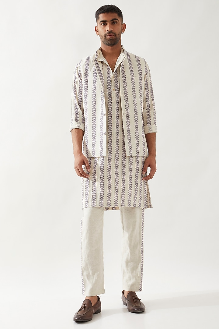 Ivory Linen Printed Layered Bundi Jacket Set by Son Of A Noble SNOB Men at Pernia's Pop Up Shop
