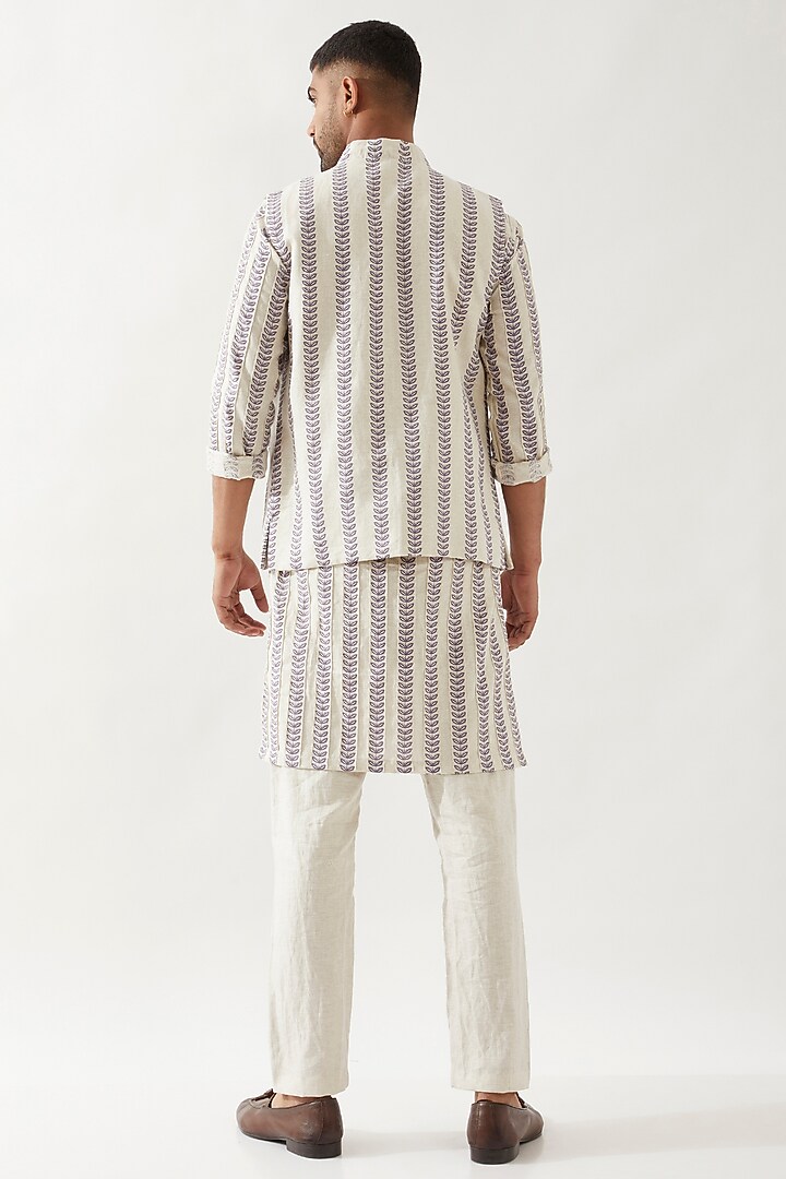 Ivory Linen Printed Layered Bundi Jacket Set by Son Of A Noble SNOB Men at Pernia's Pop Up Shop