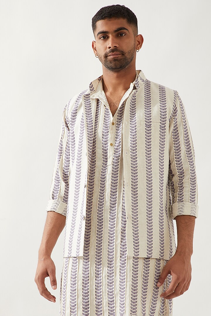 Ivory Linen Printed Layered Bundi Jacket Set by Son Of A Noble SNOB Men at Pernia's Pop Up Shop
