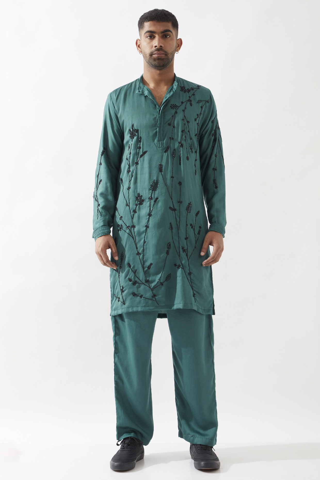Emerald Tencel Satin Cutdana Hand Embroidered Kurta Set by Son Of A Noble SNOB Men