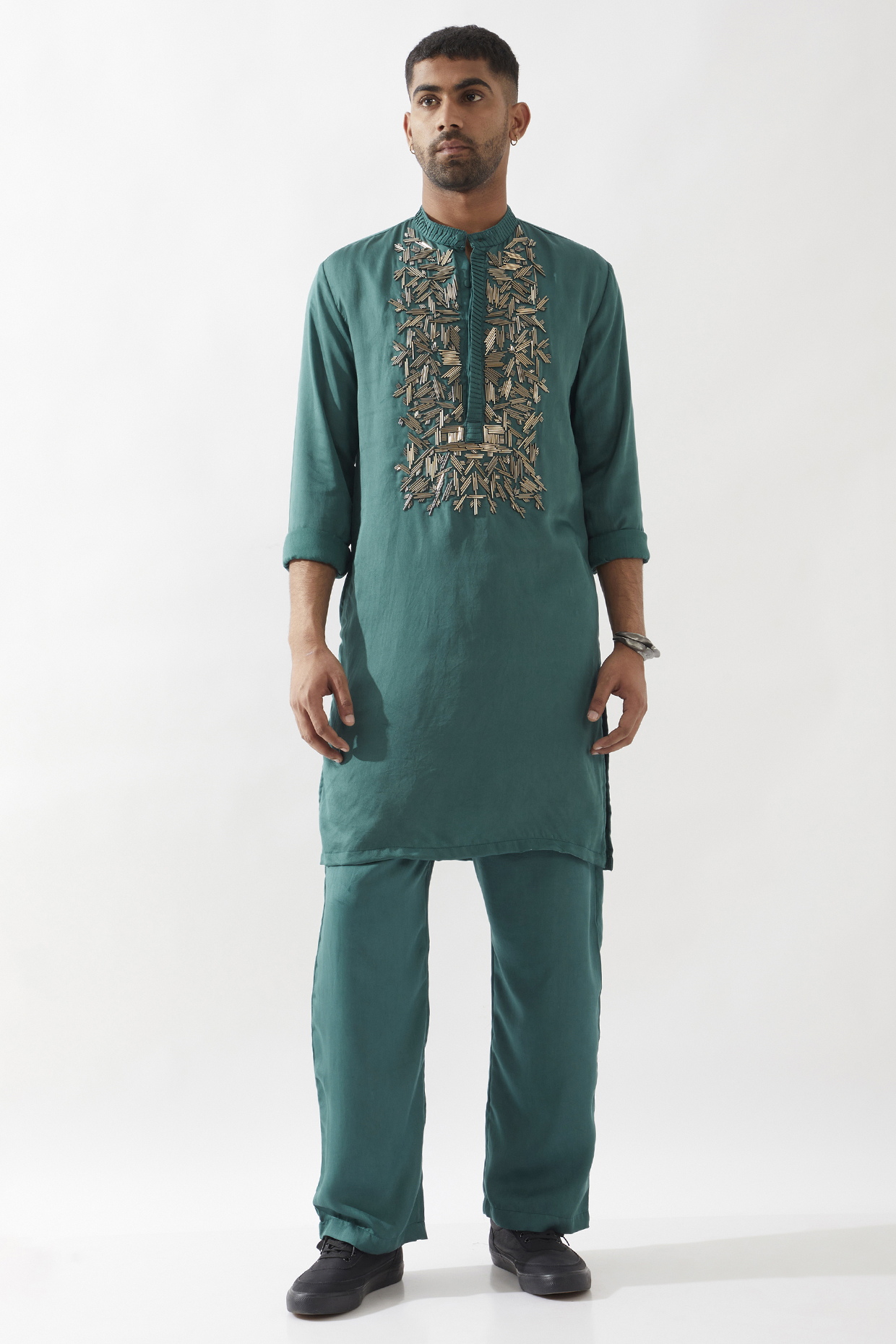 Emerald Tencel Satin Cutdana Hand Embroidered Kurta Set by Son Of A Noble SNOB Men