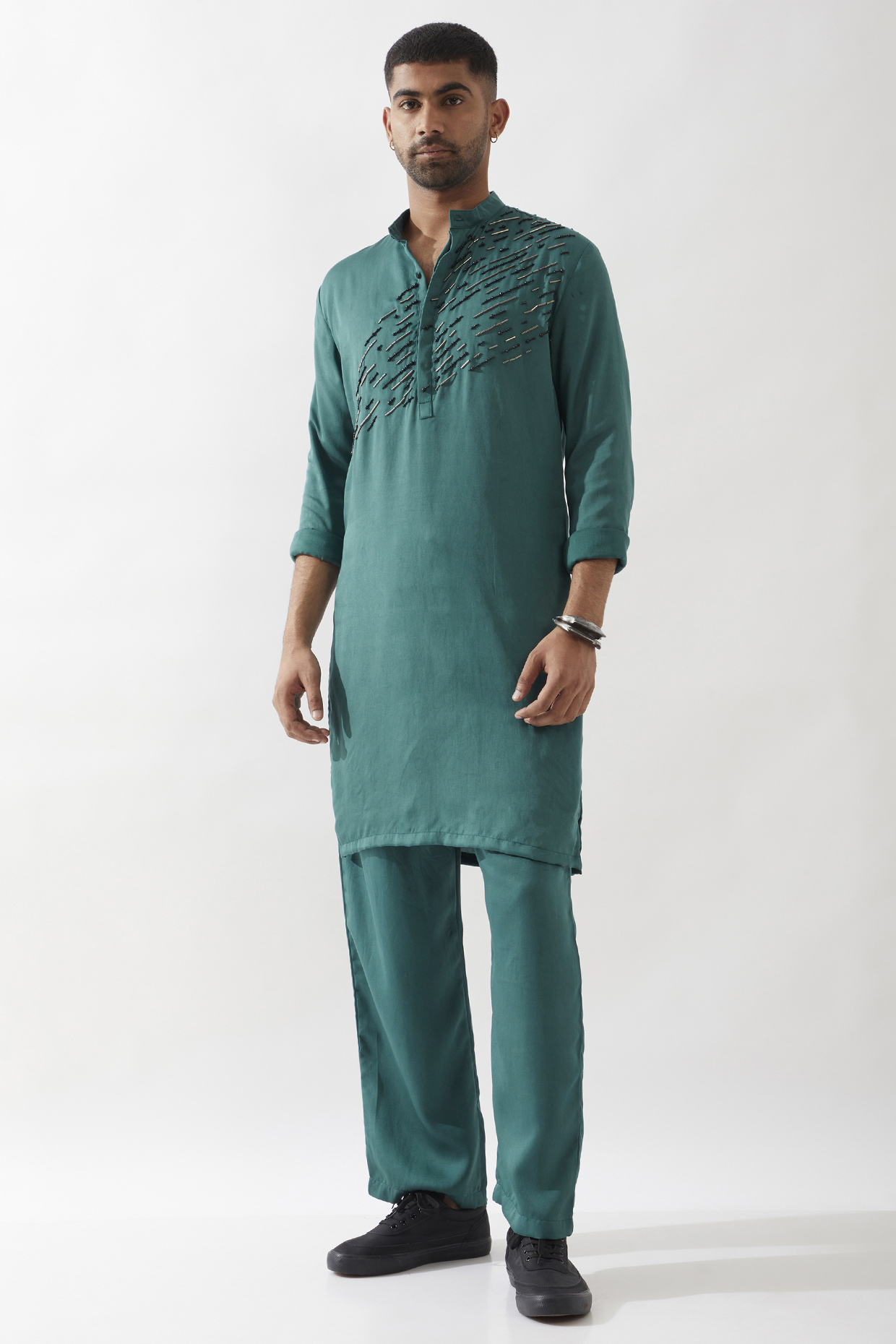 Emerald Tencel Satin Cutdana Hand Embroidered Kurta Set by Son Of A Noble SNOB Men