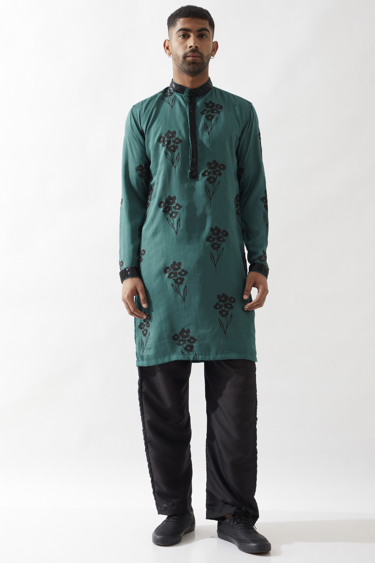 Emerald Tencel Satin Printed & Hand Embroidered Kurta Set by Son Of A Noble SNOB Men