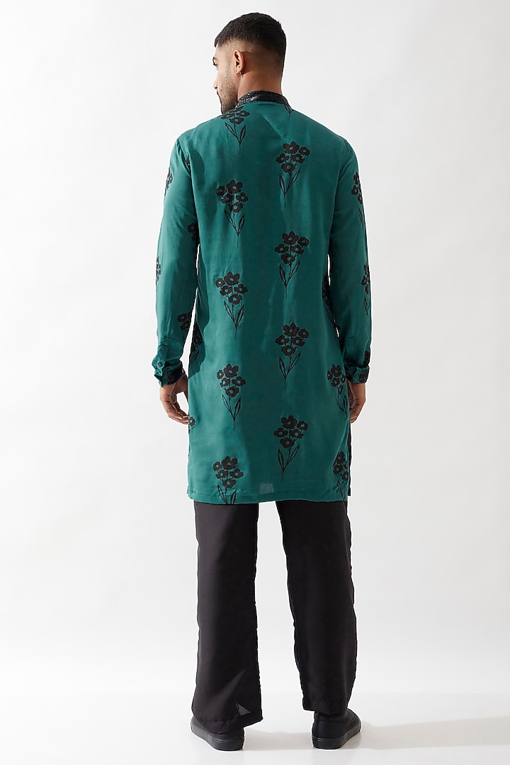 Emerald Tencel Satin Printed & Hand Embroidered Kurta Set by Son Of A Noble SNOB Men at Pernia's Pop Up Shop