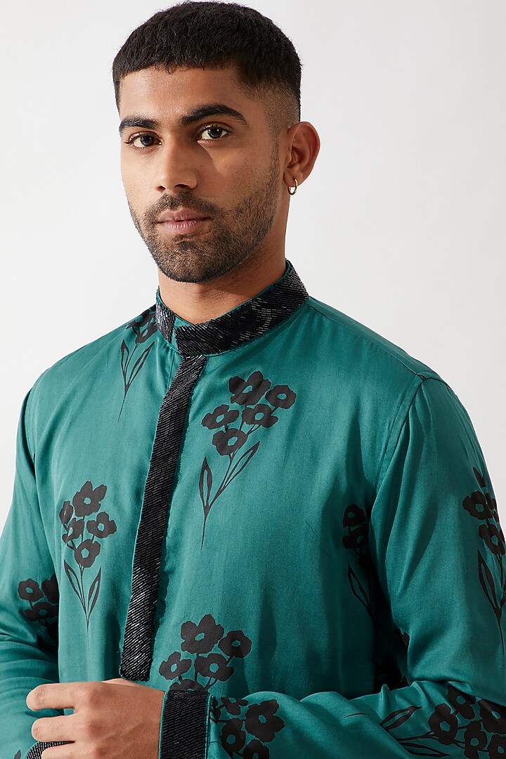 Emerald Tencel Satin Printed & Hand Embroidered Kurta Set by Son Of A Noble SNOB Men at Pernia's Pop Up Shop