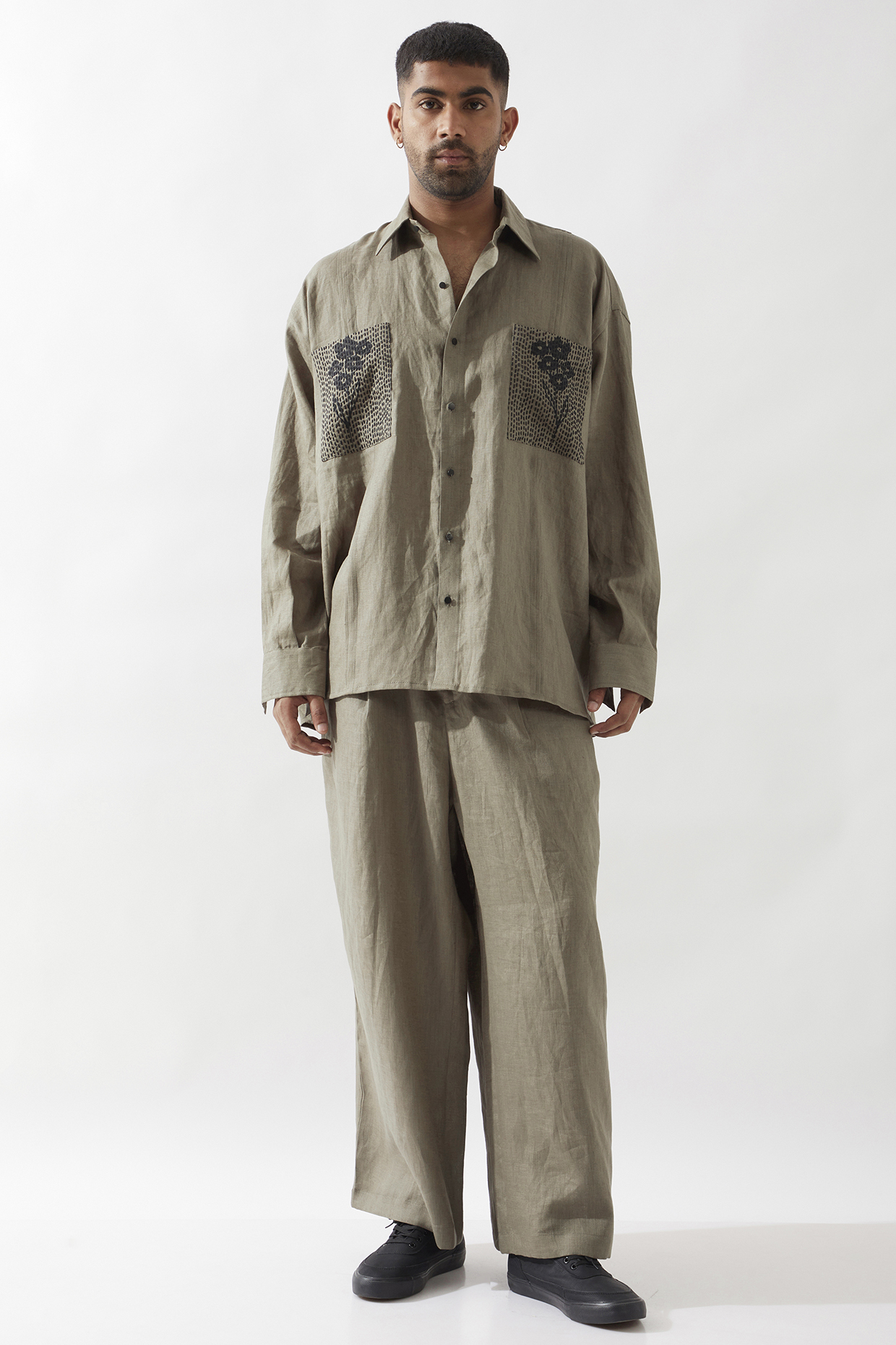 Olive Linen Printed & Embroidered Co-Ord Set by Son Of A Noble SNOB Men