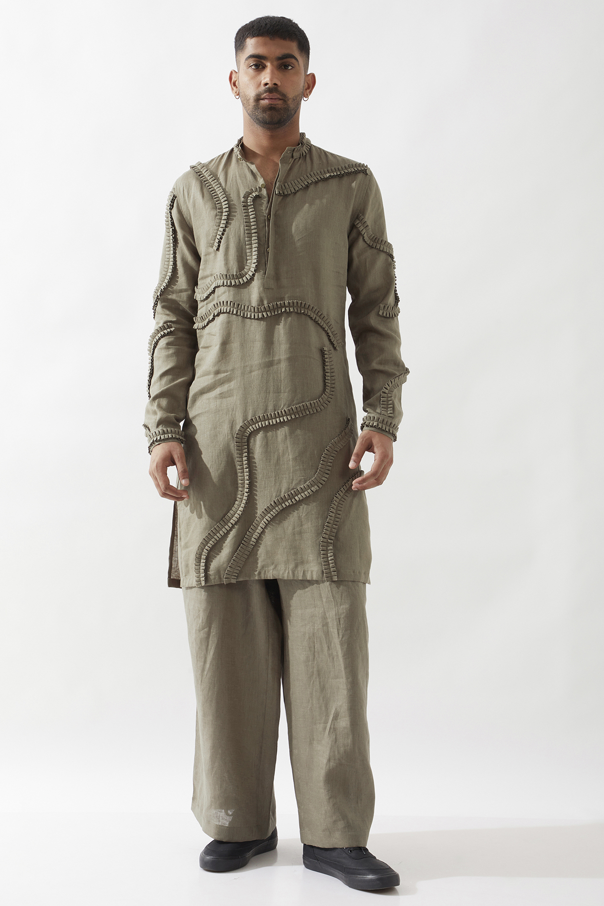 Olive Linen Caterpillar Textured Kurta Set by Son Of A Noble SNOB Men