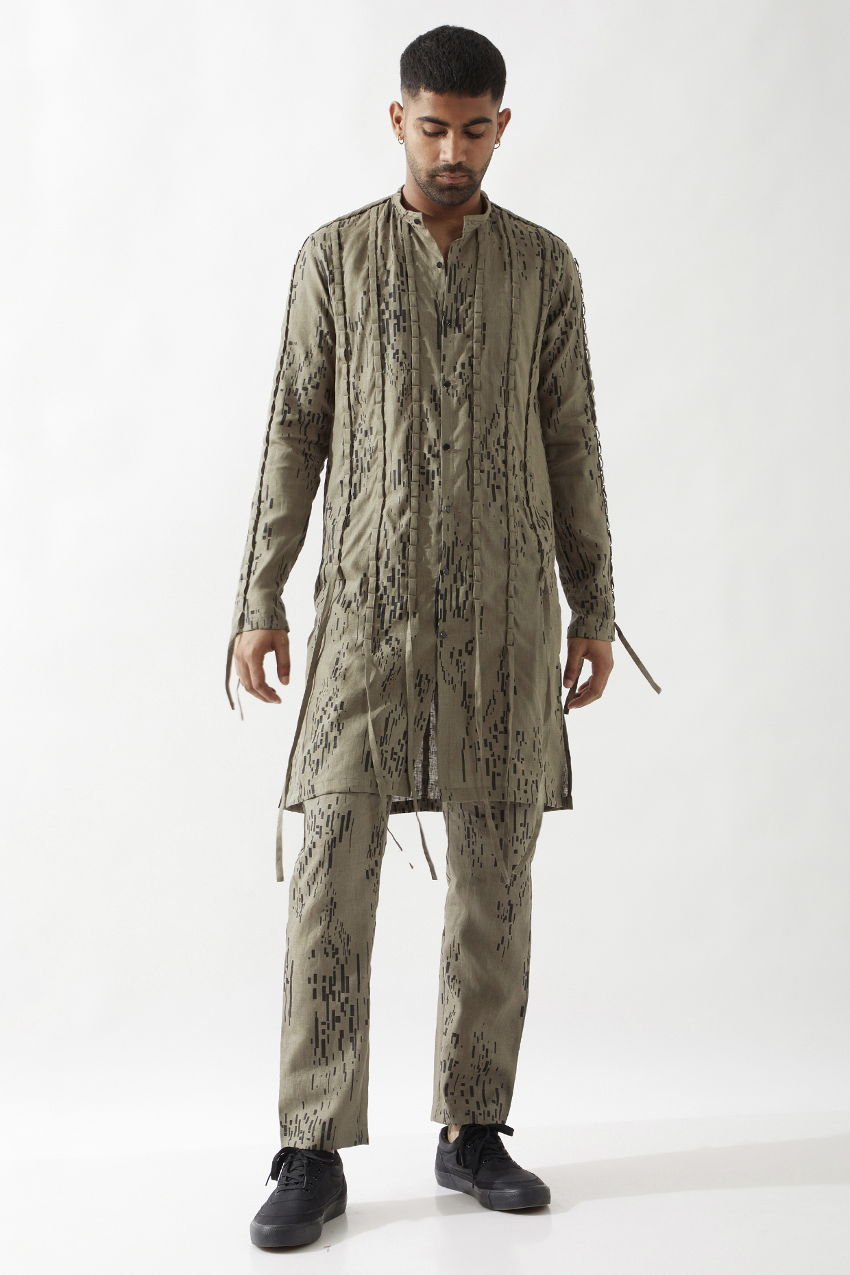 Olive Linen Printed Kurta Set by Son Of A Noble SNOB Men