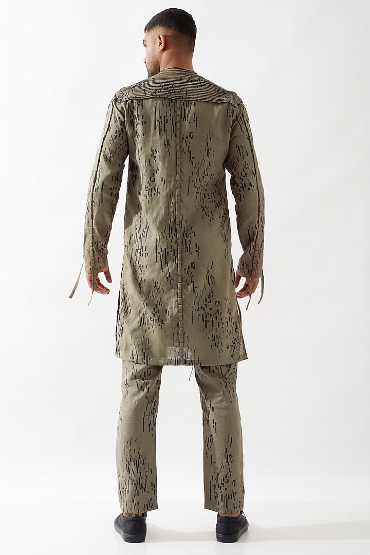 Olive Linen Printed Kurta Set by Son Of A Noble SNOB Men at Pernia's Pop Up Shop