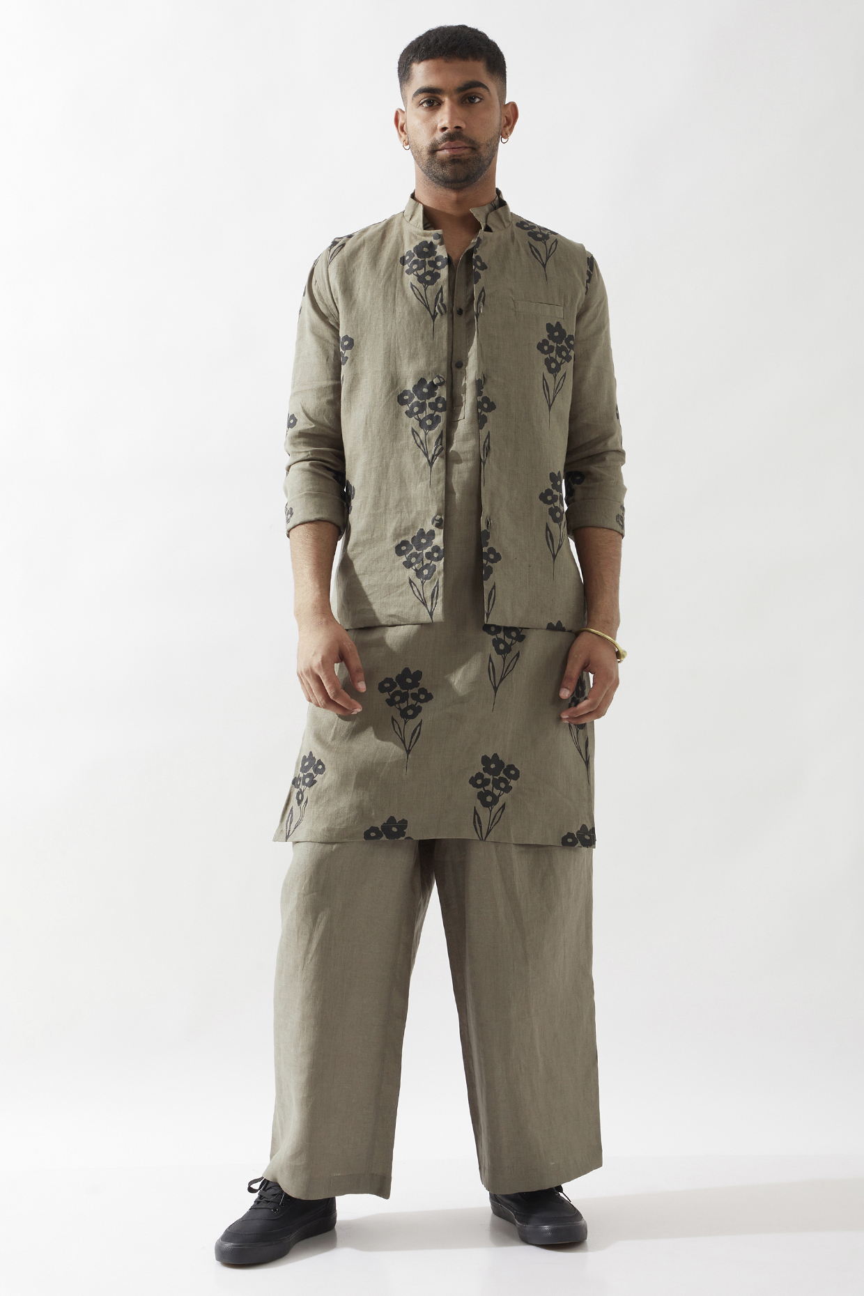 Olive Linen Printed Bundi Jacket Set by Son Of A Noble SNOB Men
