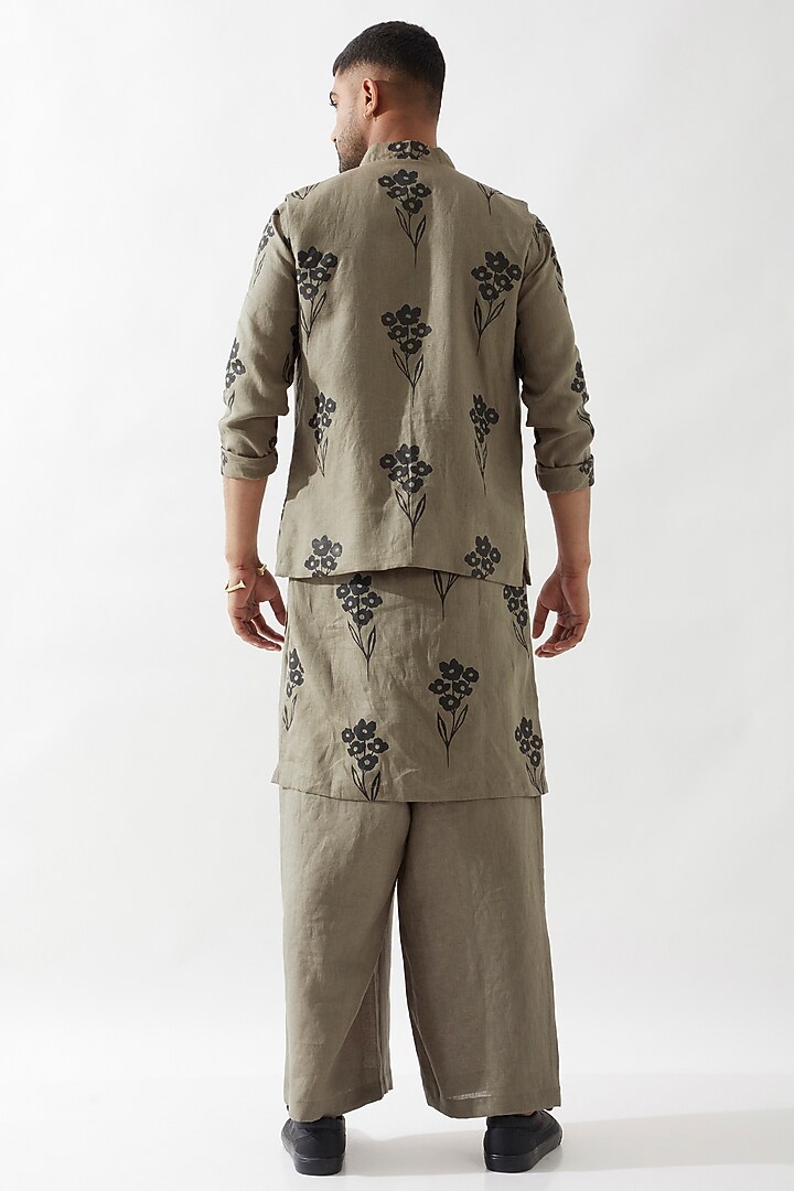 Olive Linen Printed Bundi Jacket Set by Son Of A Noble SNOB Men at Pernia's Pop Up Shop