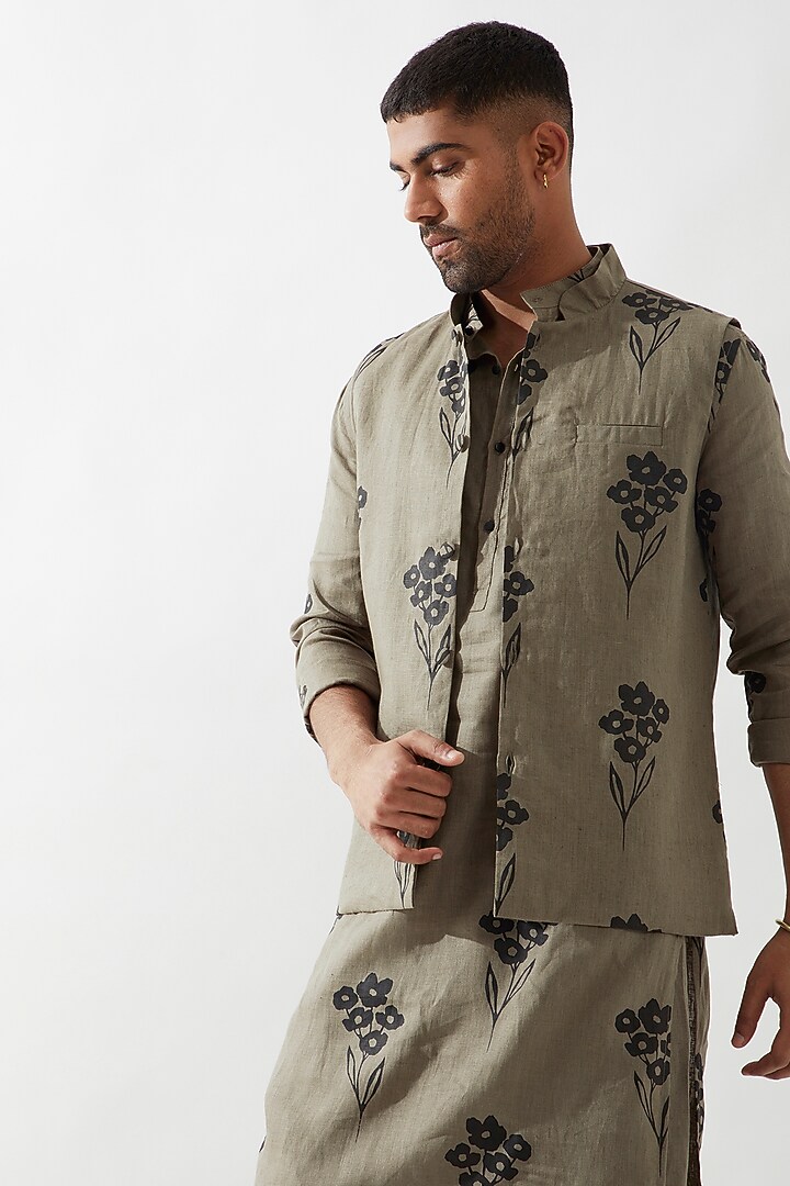 Olive Linen Printed Bundi Jacket Set by Son Of A Noble SNOB Men at Pernia's Pop Up Shop