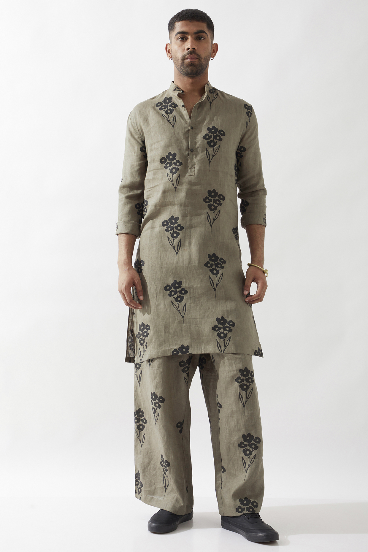 Olive Linen Printed Kurta Set by Son Of A Noble SNOB Men