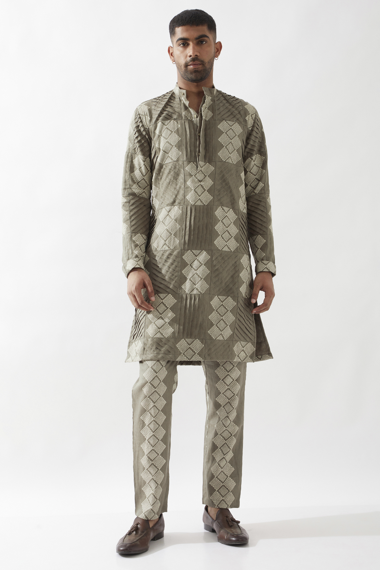 Olive Linen Printed Pleated Kurta Set by Son Of A Noble SNOB Men