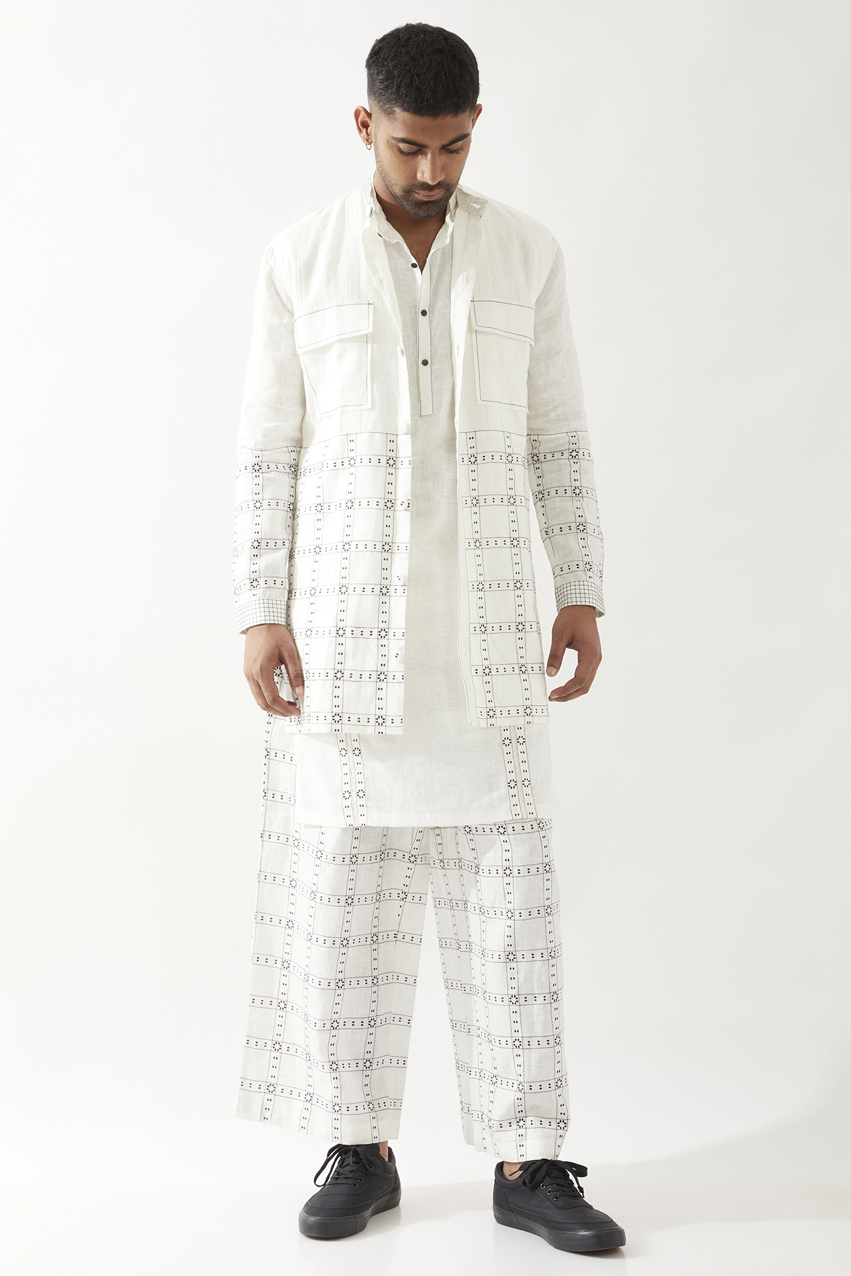 White Linen Printed Long Bundi Jacket Set by Son Of A Noble SNOB Men