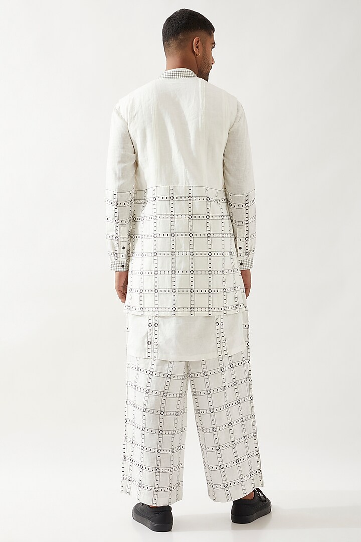 White Linen Printed Long Bundi Jacket Set by Son Of A Noble SNOB Men at Pernia's Pop Up Shop