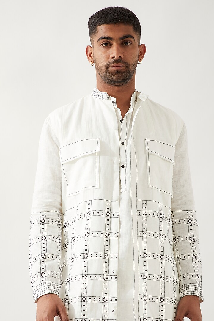 White Linen Printed Long Bundi Jacket Set by Son Of A Noble SNOB Men at Pernia's Pop Up Shop
