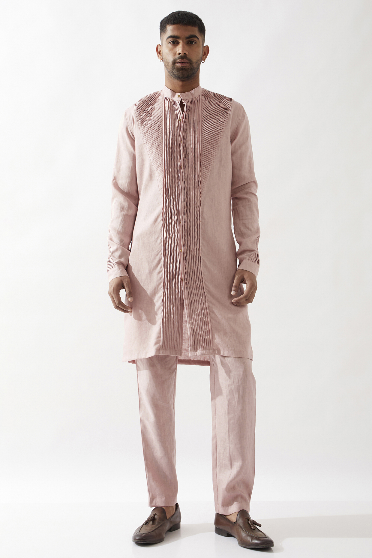 Pink Linen Pleated Textured Kurta Set by Son Of A Noble SNOB Men
