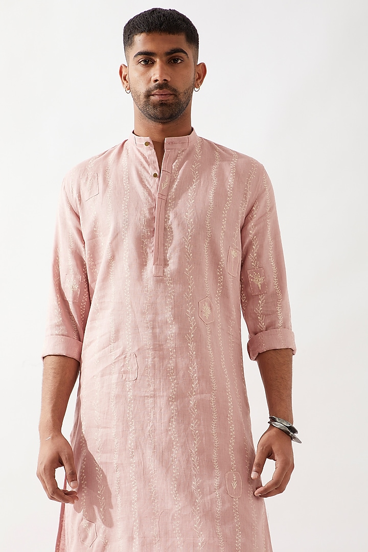 Pink Linen Printed Kurta Set by Son Of A Noble SNOB Men at Pernia's Pop Up Shop