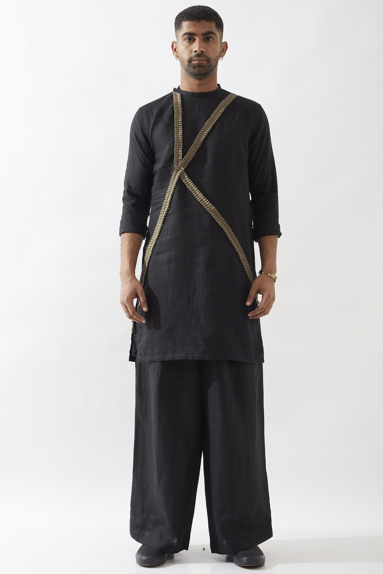 Black Linen Caterpillar Textured Kurta Set by Son Of A Noble SNOB Men