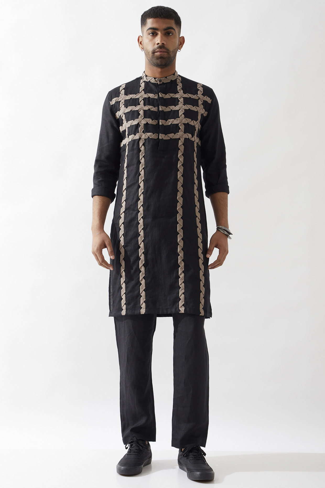 Black Linen Caterpillar Textured Kurta Set by Son Of A Noble SNOB Men
