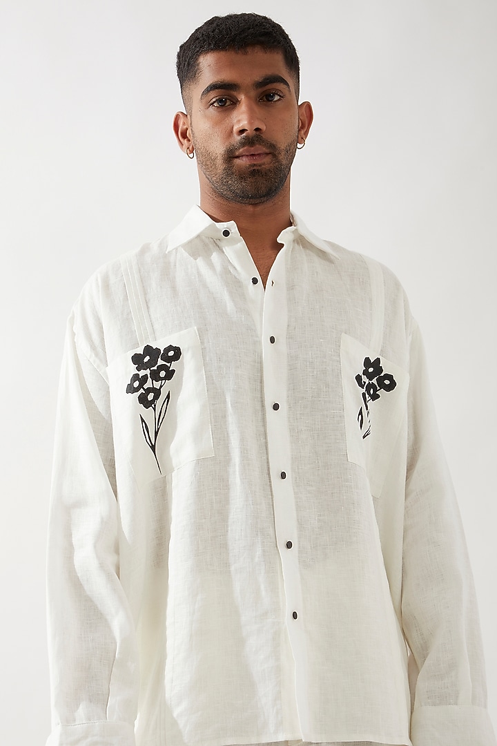 White Linen Printed Party Wear Shirt by Son Of A Noble SNOB Men at Pernia's Pop Up Shop
