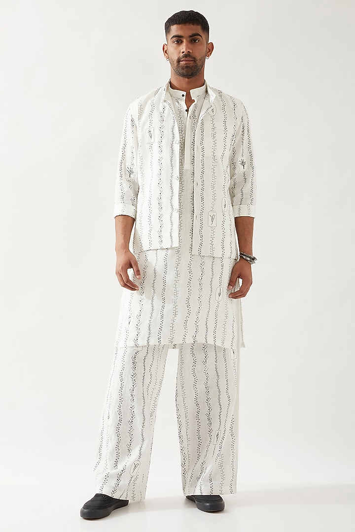 White Linen Printed Bundi Jacket by Son Of A Noble SNOB Men at Pernia's Pop Up Shop