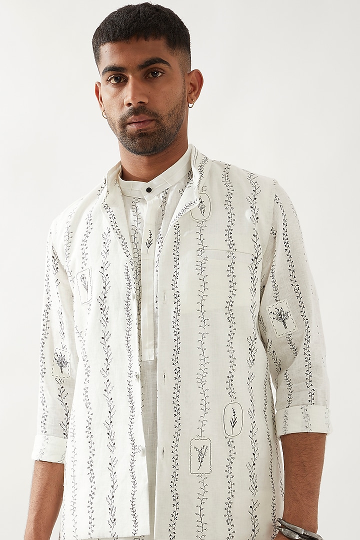 White Linen Printed Bundi Jacket by Son Of A Noble SNOB Men at Pernia's Pop Up Shop