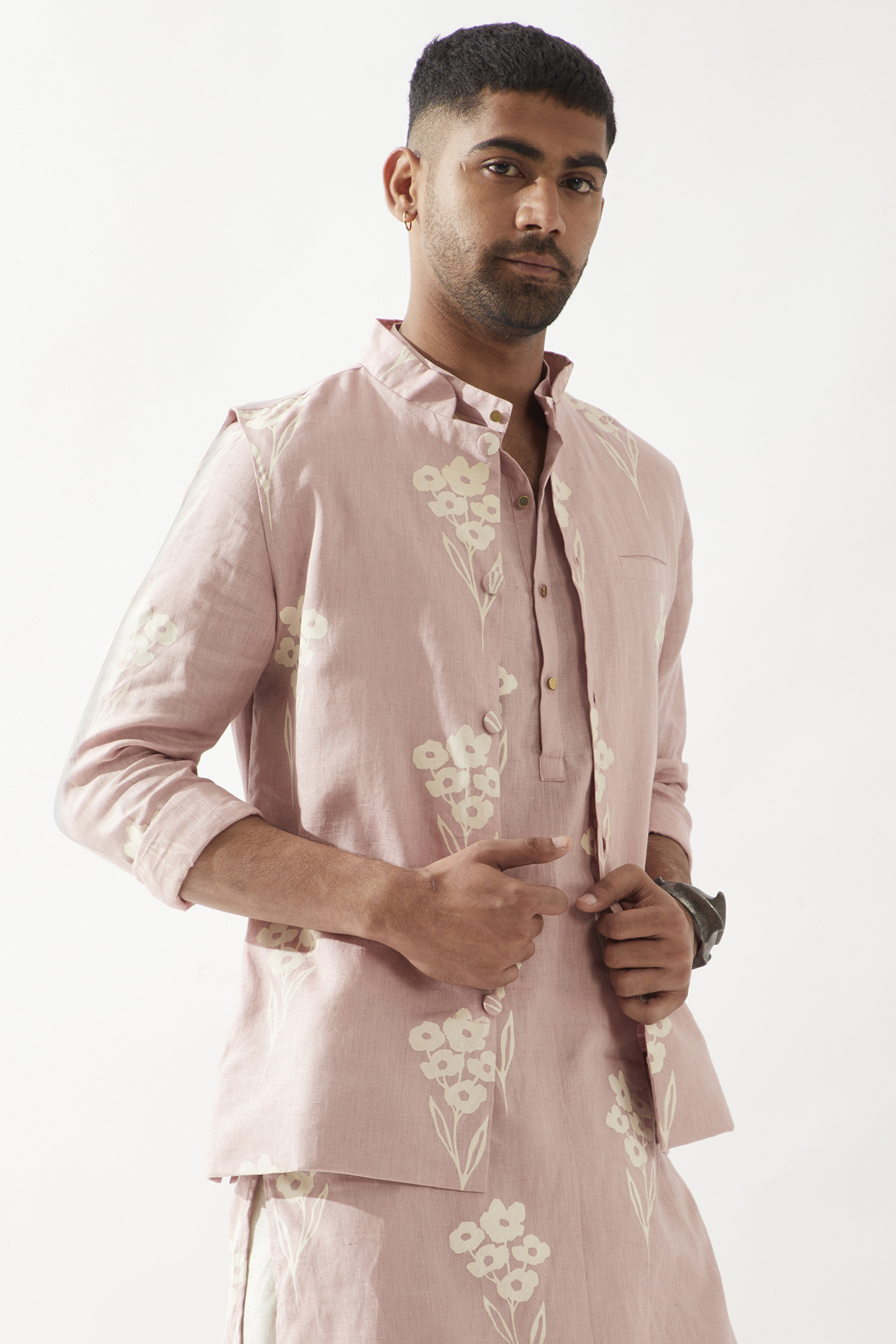 Pink Linen Printed Bundi Jacket by Son Of A Noble SNOB Men