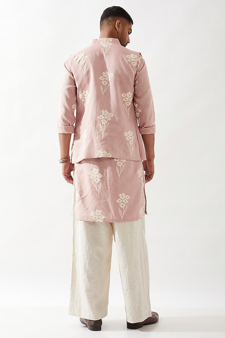 Pink Linen Printed Bundi Jacket by Son Of A Noble SNOB Men at Pernia's Pop Up Shop