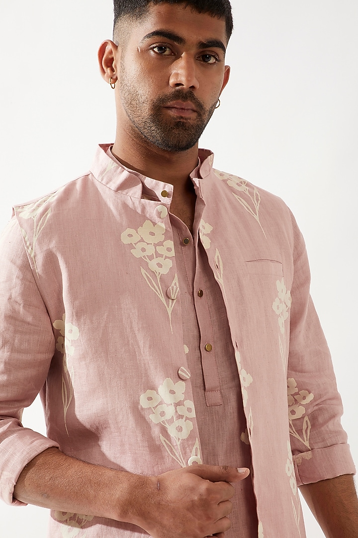 Pink Linen Printed Bundi Jacket by Son Of A Noble SNOB Men at Pernia's Pop Up Shop